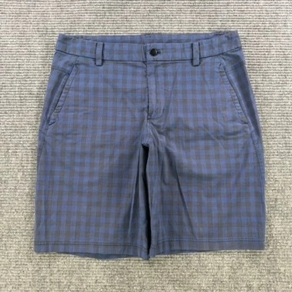 Lululemon Commission Shorts Mens 36 Blue Black Plaid Chino Golf Tech Active